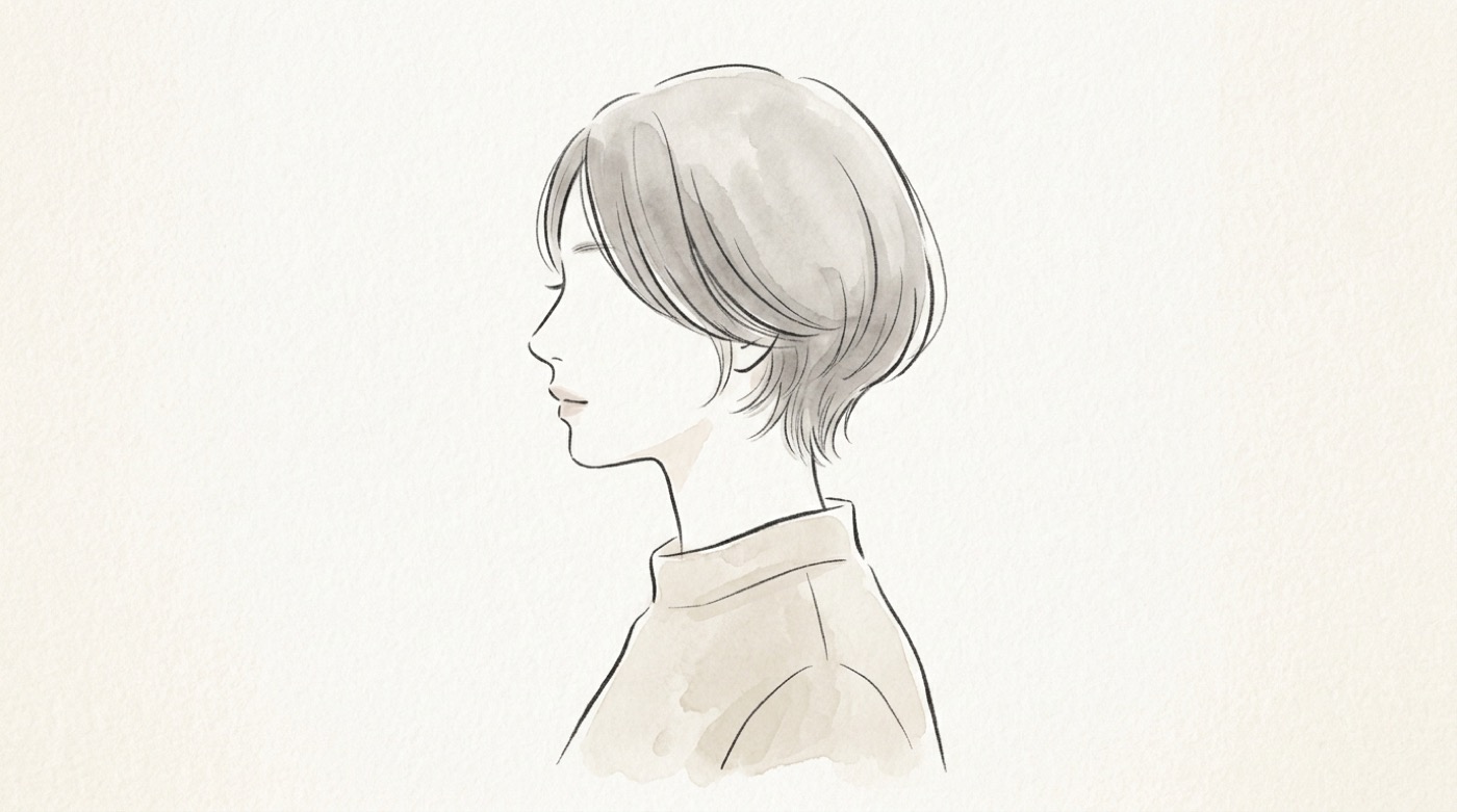 後頭部に丸みがあり、襟足の毛先に少しだけ軽さと隙間があるショートボブの横顔のイメージ図